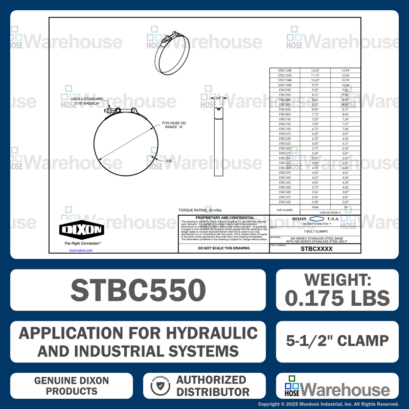STBC550 by Dixon Valve | Style STBC | T-Bolt Clamp | 3/4" Band Width | Hose OD Range: from 5.25" to 5.56" | 300 Stainless Steel Band & Bolt