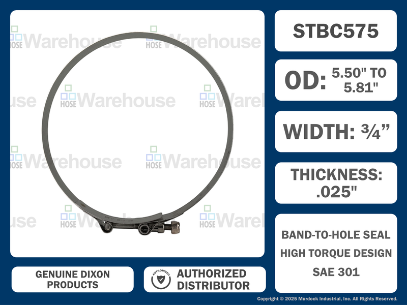 STBC575 by Dixon Valve | Style STBC | T-Bolt Clamp | 3/4" Band Width | Hose OD Range: from 5.50" to 5.81" | 300 Stainless Steel Band & Bolt