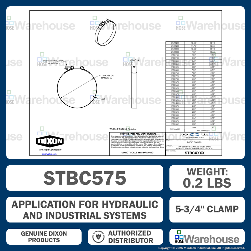 STBC575 by Dixon Valve | Style STBC | T-Bolt Clamp | 3/4" Band Width | Hose OD Range: from 5.50" to 5.81" | 300 Stainless Steel Band & Bolt