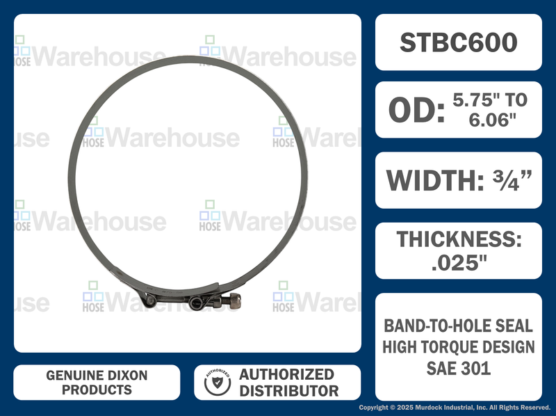 STBC600 by Dixon Valve | Style STBC | T-Bolt Clamp | 3/4" Band Width | Hose OD Range: from 5.75" to 6.06" | 300 Stainless Steel Band & Bolt