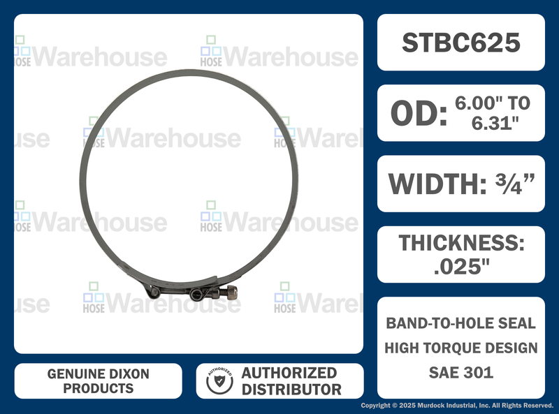 STBC625 by Dixon Valve | Style STBC | T-Bolt Clamp | 3/4" Band Width | Hose OD Range: from 6.00" to 6.31" | 300 Stainless Steel Band & Bolt