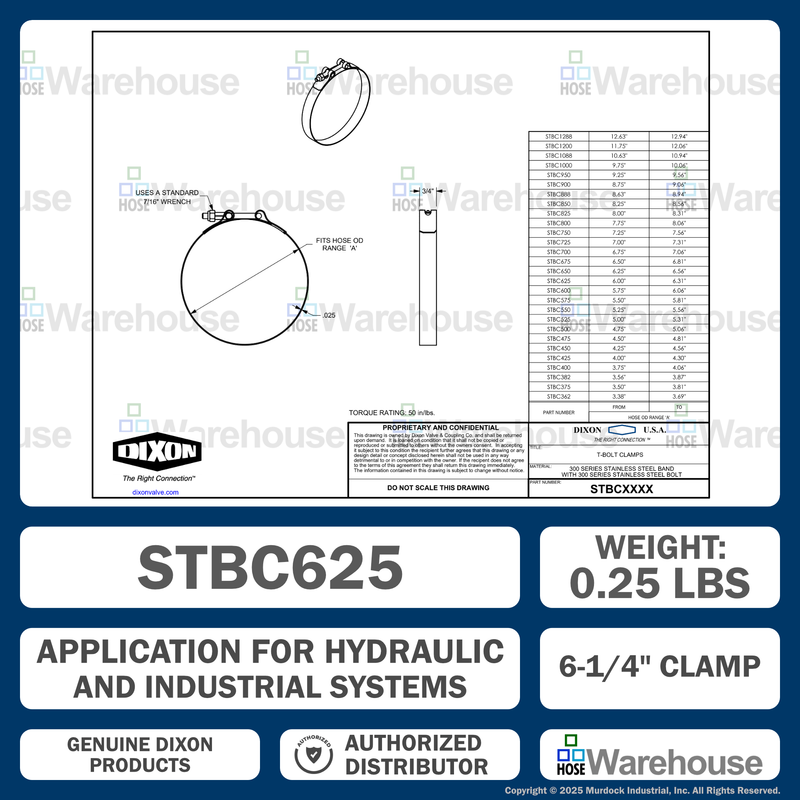STBC625 by Dixon Valve | Style STBC | T-Bolt Clamp | 3/4" Band Width | Hose OD Range: from 6.00" to 6.31" | 300 Stainless Steel Band & Bolt