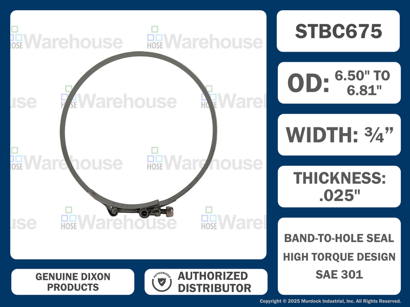 STBC675 by Dixon Valve | Style STBC | T-Bolt Clamp | 3/4" Band Width | Hose OD Range: from 6.50" to 6.81" | 300 Stainless Steel Band & Bolt