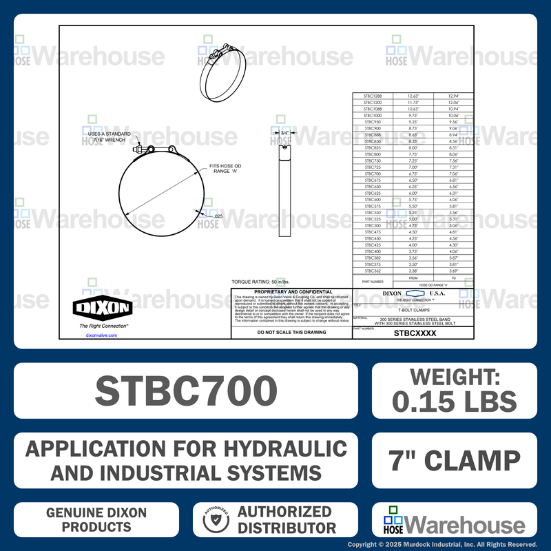 STBC700 by Dixon Valve | Style STBC | T-Bolt Clamp | 3/4" Band Width | Hose OD Range: from 6.75" to 7.06" | 300 Stainless Steel Band & Bolt