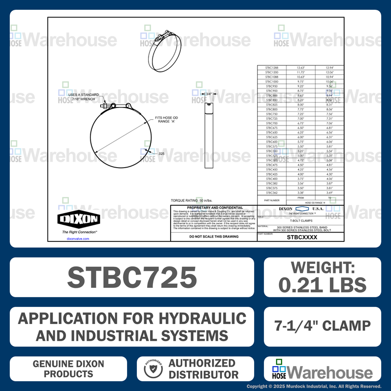 STBC725 by Dixon Valve | Style STBC | T-Bolt Clamp | 3/4" Band Width | Hose OD Range: from 7.00" to 7.31" | 300 Stainless Steel Band & Bolt