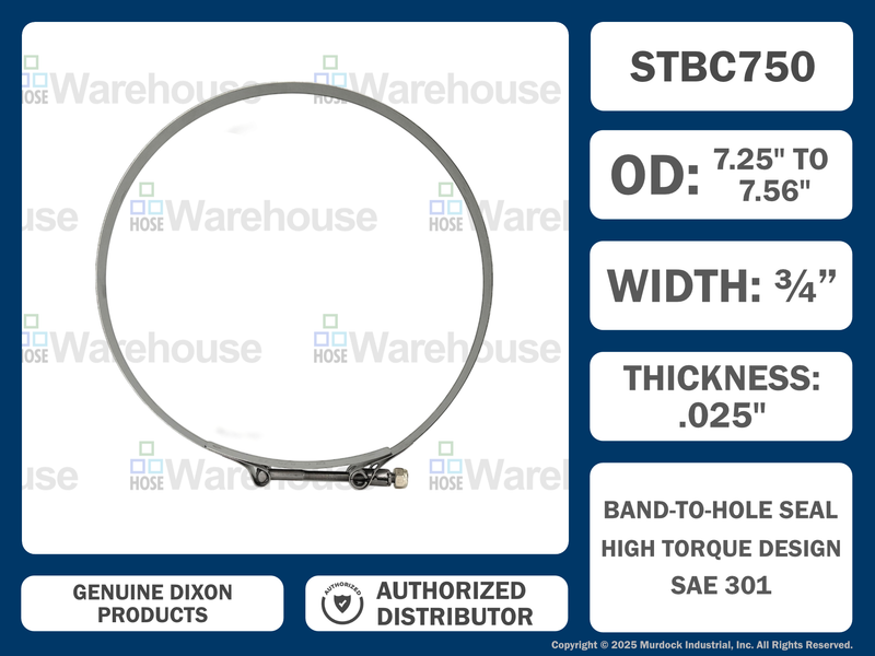 STBC750 by Dixon Valve | Style STBC | T-Bolt Clamp | 3/4" Band Width | Hose OD Range: from 7.25" to 7.56" | 300 Stainless Steel Band & Bolt