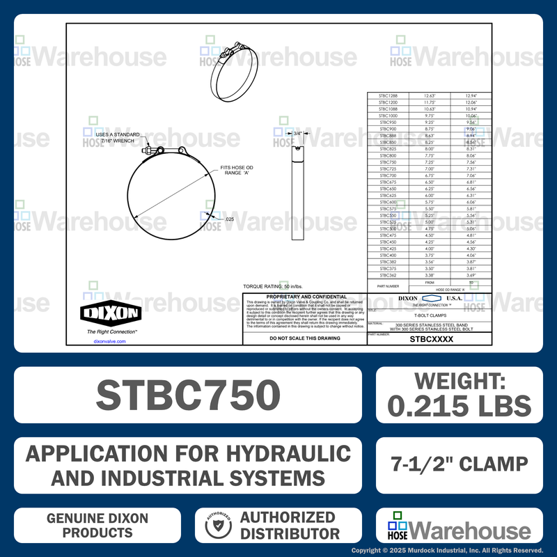 STBC750 by Dixon Valve | Style STBC | T-Bolt Clamp | 3/4" Band Width | Hose OD Range: from 7.25" to 7.56" | 300 Stainless Steel Band & Bolt