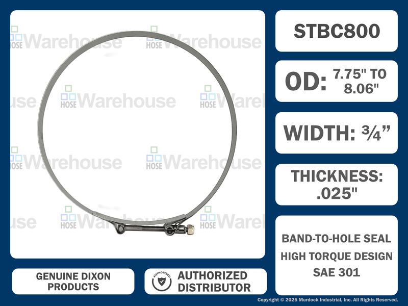 STBC800 by Dixon Valve | Style STBC | T-Bolt Clamp | 3/4" Band Width | Hose OD Range: from 7.75" to 8.06" | 300 Stainless Steel Band & Bolt