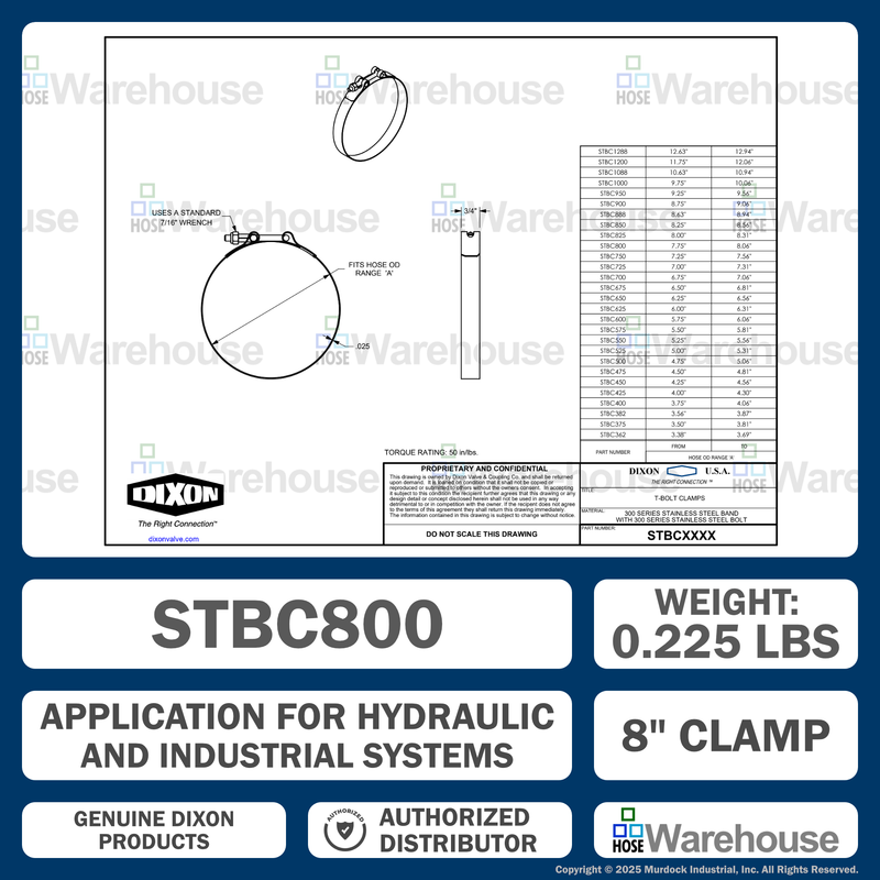 STBC800 by Dixon Valve | Style STBC | T-Bolt Clamp | 3/4" Band Width | Hose OD Range: from 7.75" to 8.06" | 300 Stainless Steel Band & Bolt