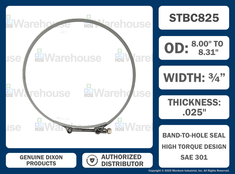 STBC825 by Dixon Valve | Style STBC | T-Bolt Clamp | 3/4" Band Width | Hose OD Range: from 8.00" to 8.31" | 300 Stainless Steel Band & Bolt