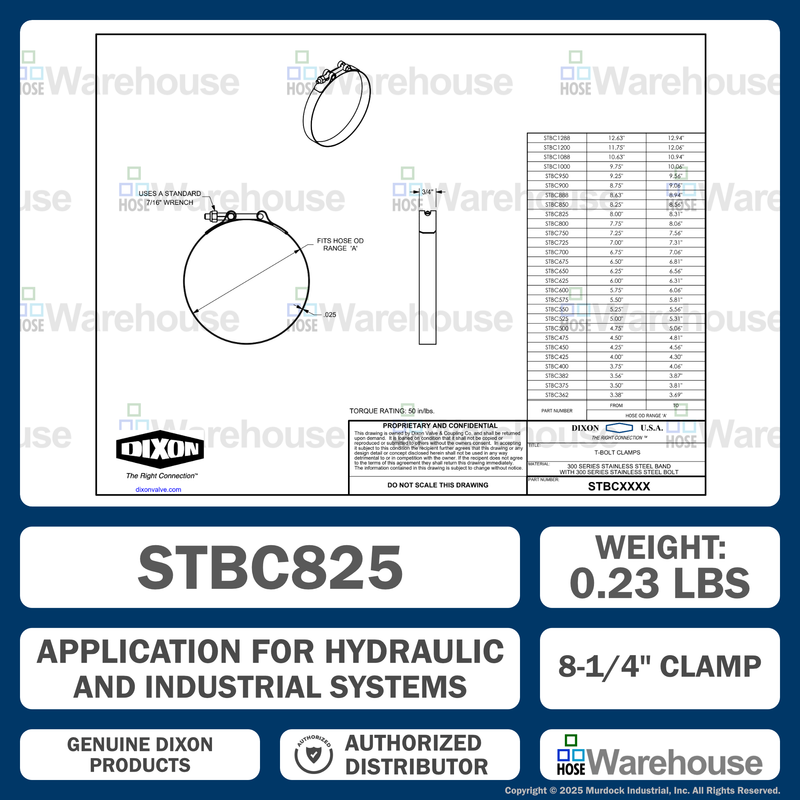 STBC825 by Dixon Valve | Style STBC | T-Bolt Clamp | 3/4" Band Width | Hose OD Range: from 8.00" to 8.31" | 300 Stainless Steel Band & Bolt