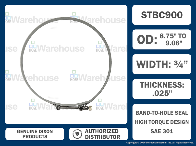 STBC900 by Dixon Valve | Style STBC | T-Bolt Clamp | 3/4" Band Width | Hose OD Range: from 8.75" to 9.06" | 300 Stainless Steel Band & Bolt