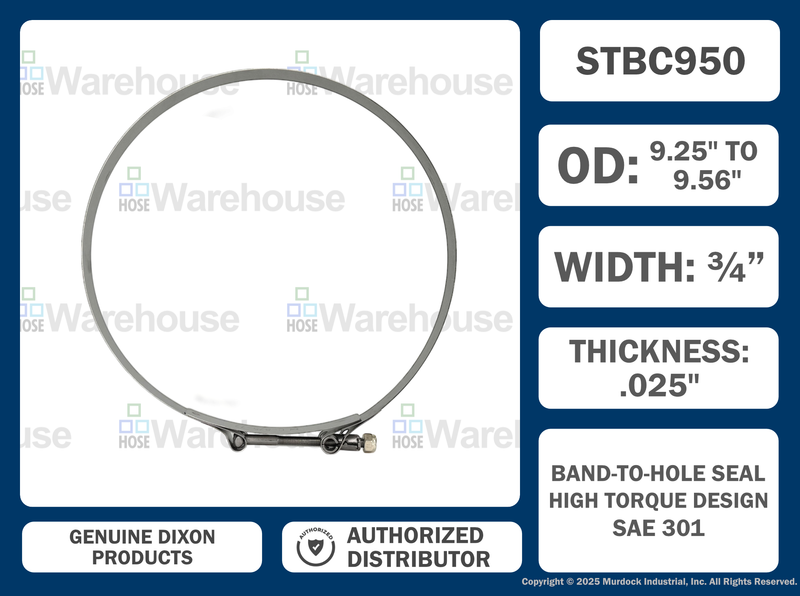 STBC950 by Dixon Valve | Style STBC | T-Bolt Clamp | 3/4" Band Width | Hose OD Range: from 9.25" to 9.56" | 300 Stainless Steel Band & Bolt