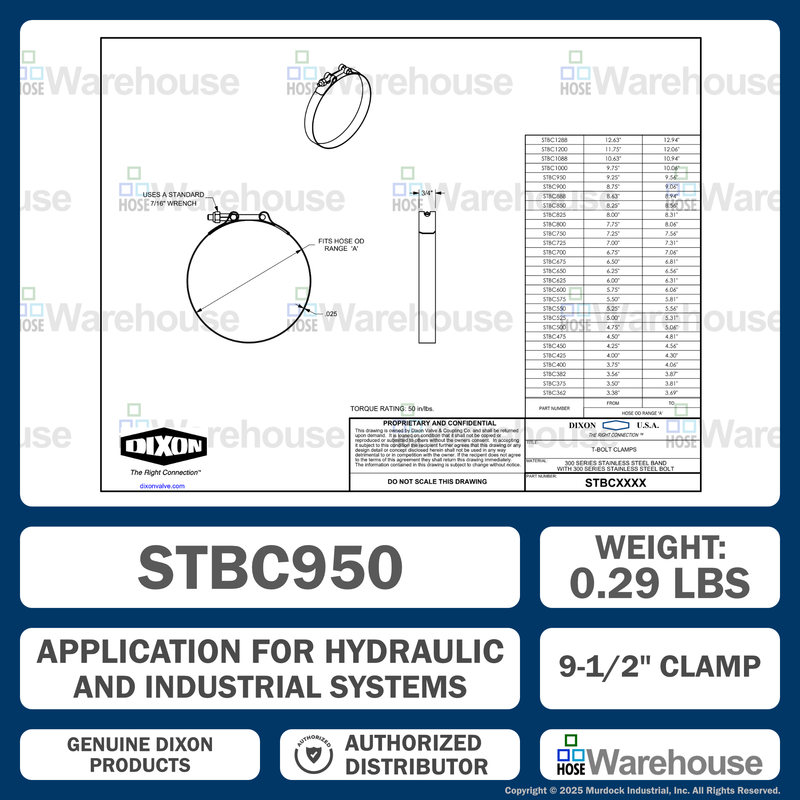 STBC950 by Dixon Valve | Style STBC | T-Bolt Clamp | 3/4" Band Width | Hose OD Range: from 9.25" to 9.56" | 300 Stainless Steel Band & Bolt