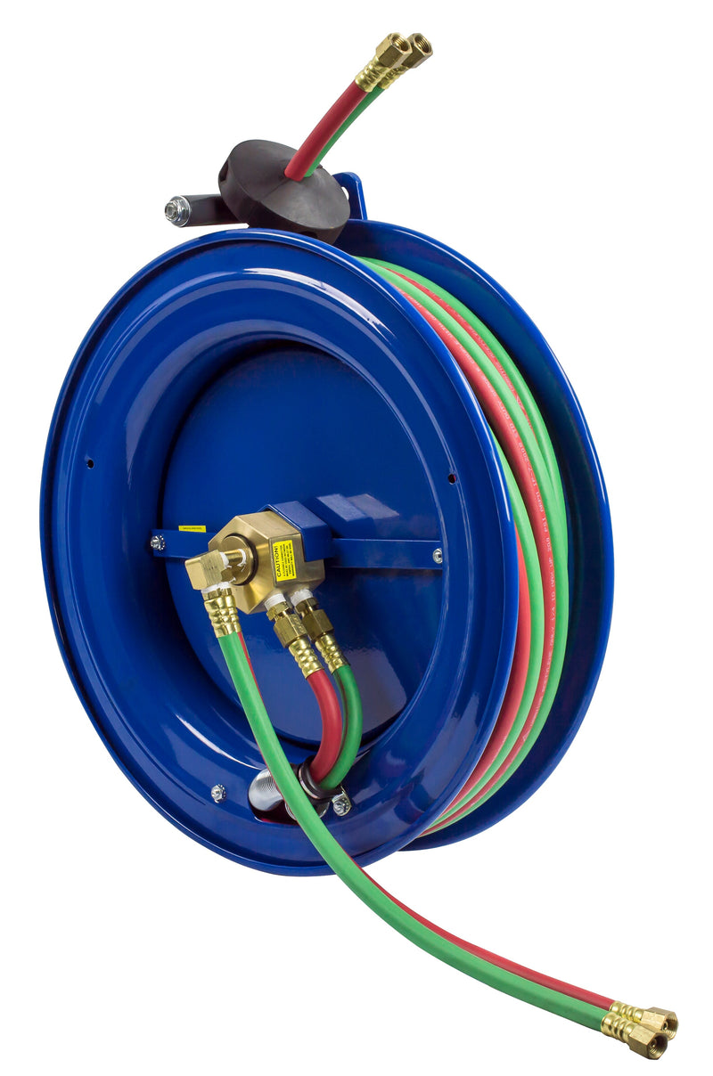 SL17WT-150 by Coxreels | SW Series | 200 PSI Dual Hose Left Side Mount Spring Driven Hose Reel for Oxy-Fuel Welding (T-Grade) | 1/4" Hose ID, 1/4" FNPT Inlet x 1/4" MNPT Hose End | Steel | 50ft Neoprene Hose Included