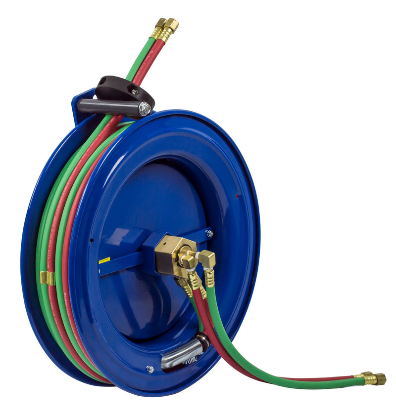 SL19WT-175 by Coxreels | SW Series | 200 PSI Dual Hose Left Side Mount Spring Driven Hose Reel for Oxy-Fuel Welding (T-Grade) | 1/4" Hose ID, 1/4" FNPT Inlet x 1/4" MNPT Hose End | Steel | 75ft Neoprene Hose Included
