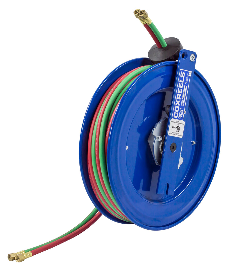 SL17WTL-150 by Coxreels | SW Series | 200 PSI Dual Hose Left Side Mount Spring Driven Hose Reel for Oxy-Fuel Welding (T-Grade) | 1/4" Hose ID, 1/4" FNPT Inlet | Steel | 50ft Capacity, Hose Not Included