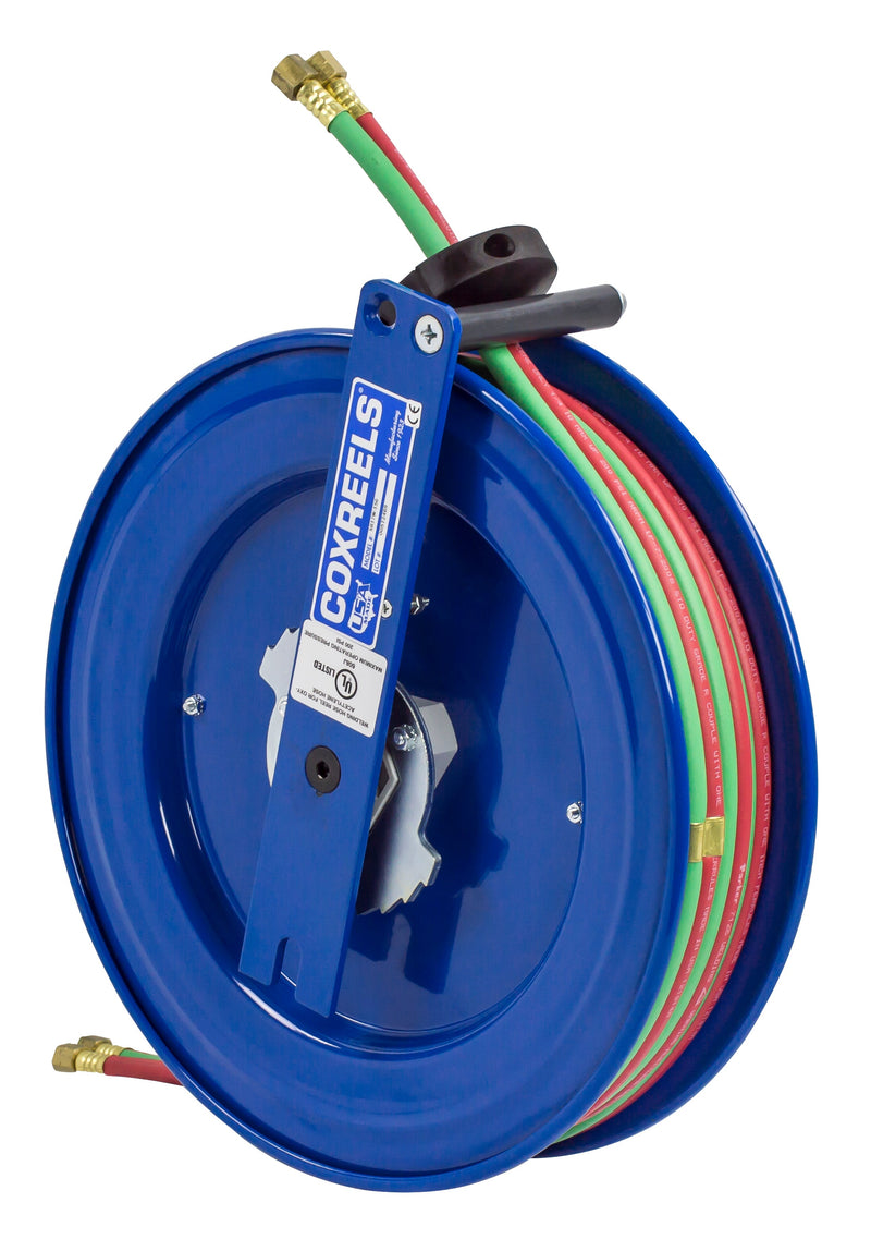 SL17WL-150 by Coxreels | SW Series | 200 PSI Dual Hose Left Side Mount Spring Driven Hose Reel for Oxy-Acetylene Welding | 1/4" Hose ID, 1/4" FNPT Inlet | Steel | 50ft Capacity, Hose Not Included