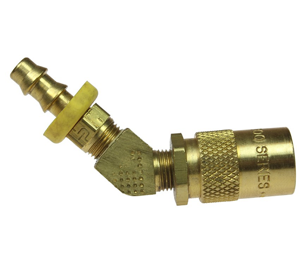 6-224 by Coilhose | Moldflow™ Series | Hose Barb Coupler | Non-Valved | 1/4" Body Size | 1/4" Hose ID | 45° Elbow | Brass
