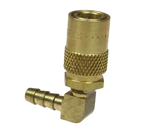 6-316 by Coilhose | Moldflow™ Series | Hose Barb Coupler | Non-Valved | 3/8" Body Size | 3/8" Hose ID | 90° Elbow | Brass
