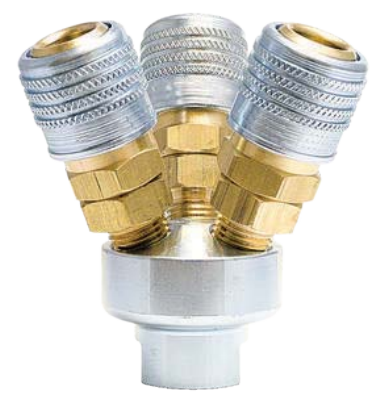 MAN3825A Breco by Foster | 3-Way Manifold w/ three D341 Sockets | 3/8" Female NPT Inlet x 1/4" Industrial Interchange Sockets | Manifold | Brass