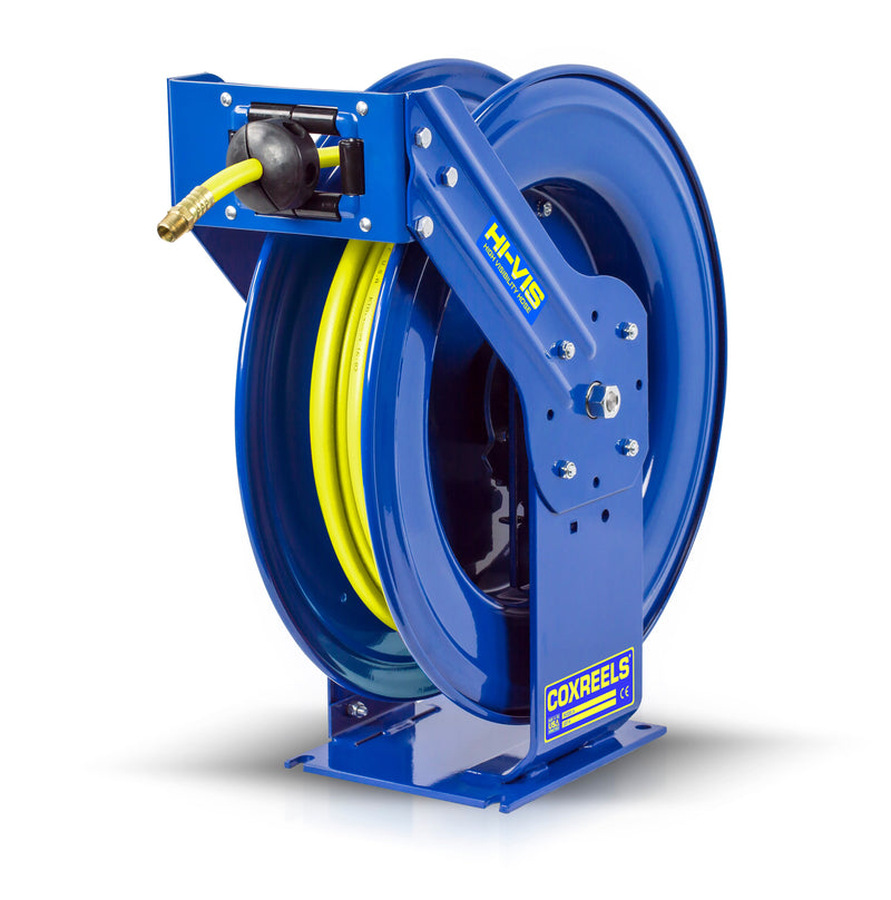 TSH-N-350-HV by Coxreels | T HI-VIS Series | 300 PSI Spring Driven Hose Reel for Air & Water | 3/8" Hose ID, 3/8" FNPT Inlet x 3/8" MNPT Hose End | Steel | 50ft PVC/Rubber Hybrid Hose Included