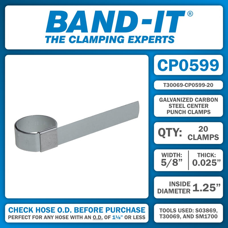 T30069-CP0599-20 by Band-It | Center Punch Clamps & Installation Tool Kit | 1.25" ID | 5/8" Width | 0.025" Thickness | Galvanized Carbon Steel | 20/Box