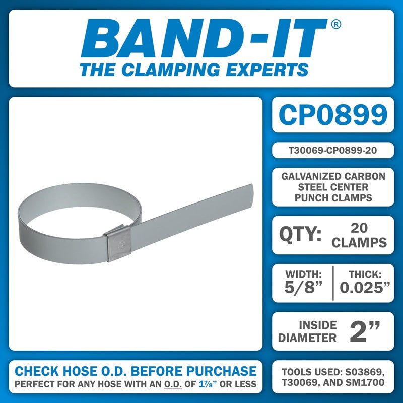 T30069-CP0899-20 by Band-It | Center Punch Clamps & Installation Tool Kit | 2" ID | 5/8" Width | 0.025" Thickness | Galvanized Carbon Steel | 20/Box