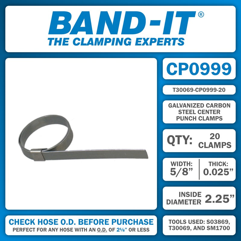 T30069-CP0999-20 by Band-It | Center Punch Clamps & Installation Tool Kit | 2.25" ID | 5/8" Width | 0.025" Thickness | Galvanized Carbon Steel | 20/Box