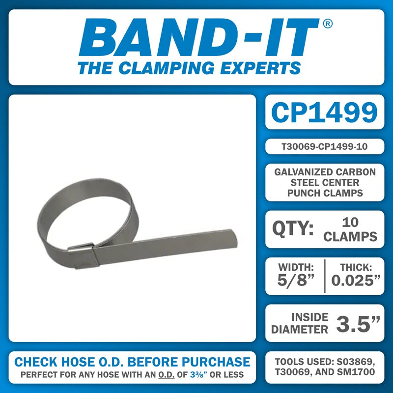 T30069-CP1499-10 by Band-It | Center Punch Clamps & Installation Tool Kit | 3.5" ID | 5/8" Width | 0.025" Thickness | Galvanized Carbon Steel | 10/Box