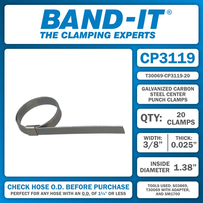 T30069-CP3119-20 by Band-It | Center Punch Clamps & Installation Tool Kit | 1.375" ID | 3/8" Width | 0.025" Thickness | Galvanized Carbon Steel | 20/Box