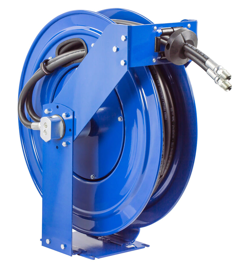 TDMP-N-350 by Coxreels | TDMP Series | 3,000 PSI Dual Hose Spring Driven Hose Reel for Hydraulic Oil | 3/8" Hose ID, 3/8" FNPT Inlet x 3/8" MNPT Hose End | Steel | 50ft Synthetic Rubber Hose Included