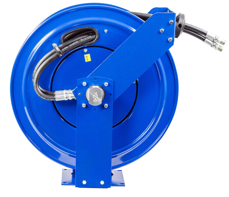 TDMP-N-350 by Coxreels | TDMP Series | 3,000 PSI Dual Hose Spring Driven Hose Reel for Hydraulic Oil | 3/8" Hose ID, 3/8" FNPT Inlet x 3/8" MNPT Hose End | Steel | 50ft Synthetic Rubber Hose Included