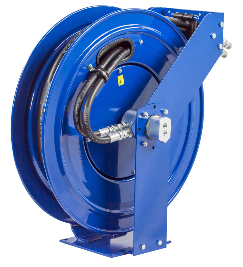 TDMP-N-450 by Coxreels | TDMP Series | 2,500 PSI Dual Hose Spring Driven Hose Reel for Hydraulic Oil | 1/2" Hose ID, 1/2" FNPT Inlet x 1/2" MNPT Hose End | Steel | 50ft Synthetic Rubber Hose Included