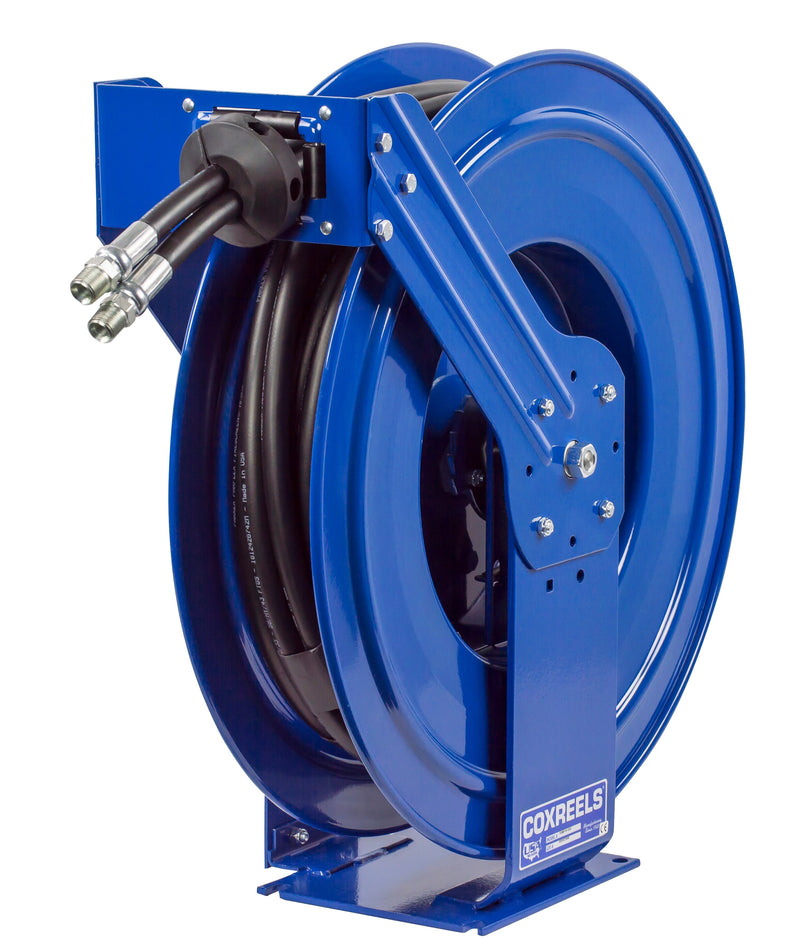 TDMP-N-450 by Coxreels | TDMP Series | 2,500 PSI Dual Hose Spring Driven Hose Reel for Hydraulic Oil | 1/2" Hose ID, 1/2" FNPT Inlet x 1/2" MNPT Hose End | Steel | 50ft Synthetic Rubber Hose Included