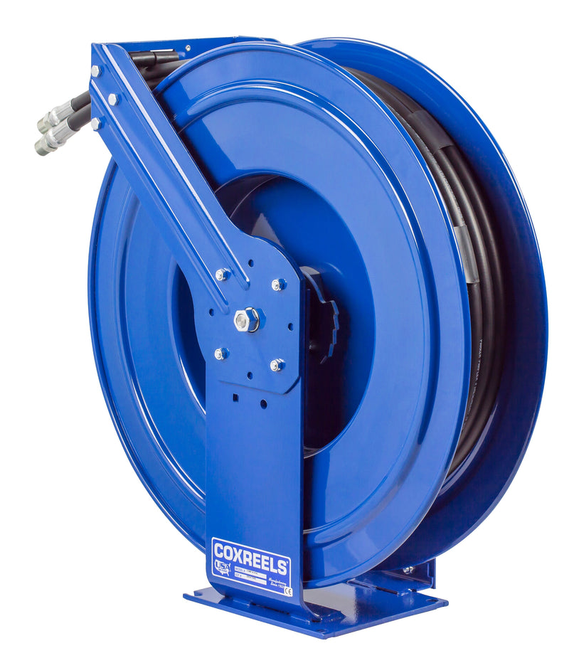 TDMP-N-450 by Coxreels | TDMP Series | 2,500 PSI Dual Hose Spring Driven Hose Reel for Hydraulic Oil | 1/2" Hose ID, 1/2" FNPT Inlet x 1/2" MNPT Hose End | Steel | 50ft Synthetic Rubber Hose Included