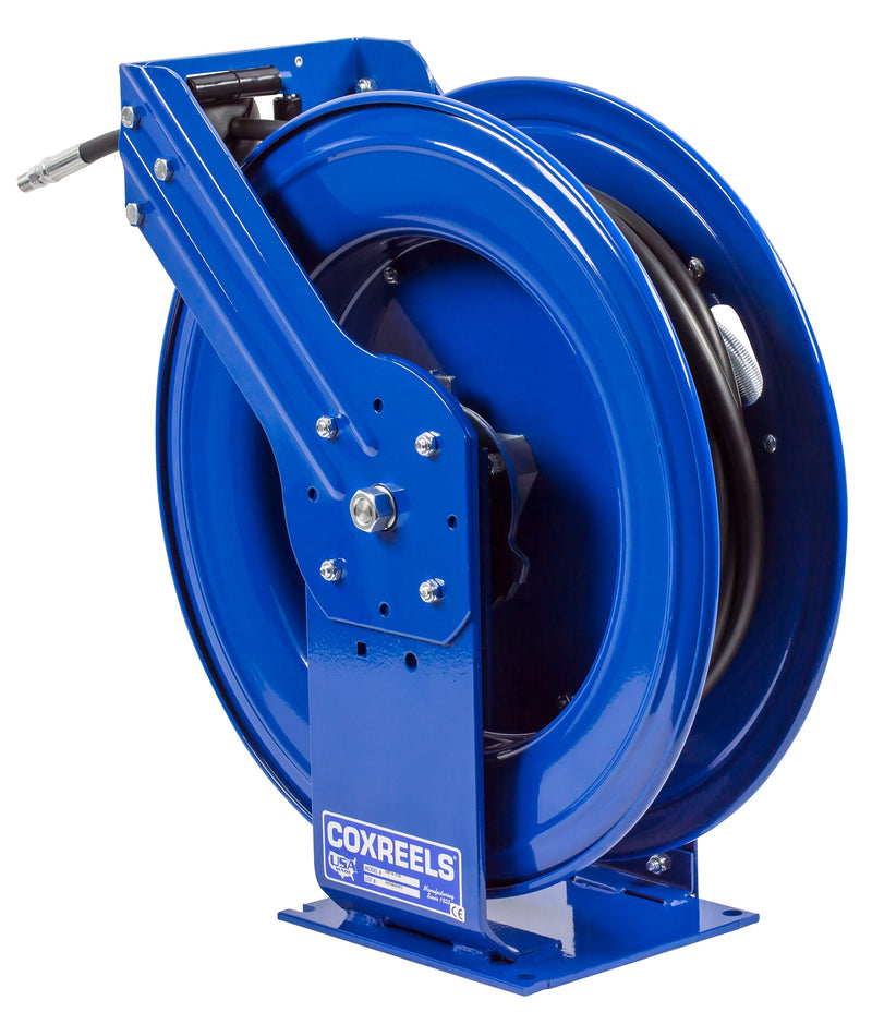 THP-N-1100 by Coxreels | T Series | 5,000 PSI Spring Driven Hose Reel for Grease & Hydraulic Oil | 1/4" Hose ID, 1/4" FNPT Inlet x 1/4" MNPT Hose End | Steel | 100ft Rubber Hose Included