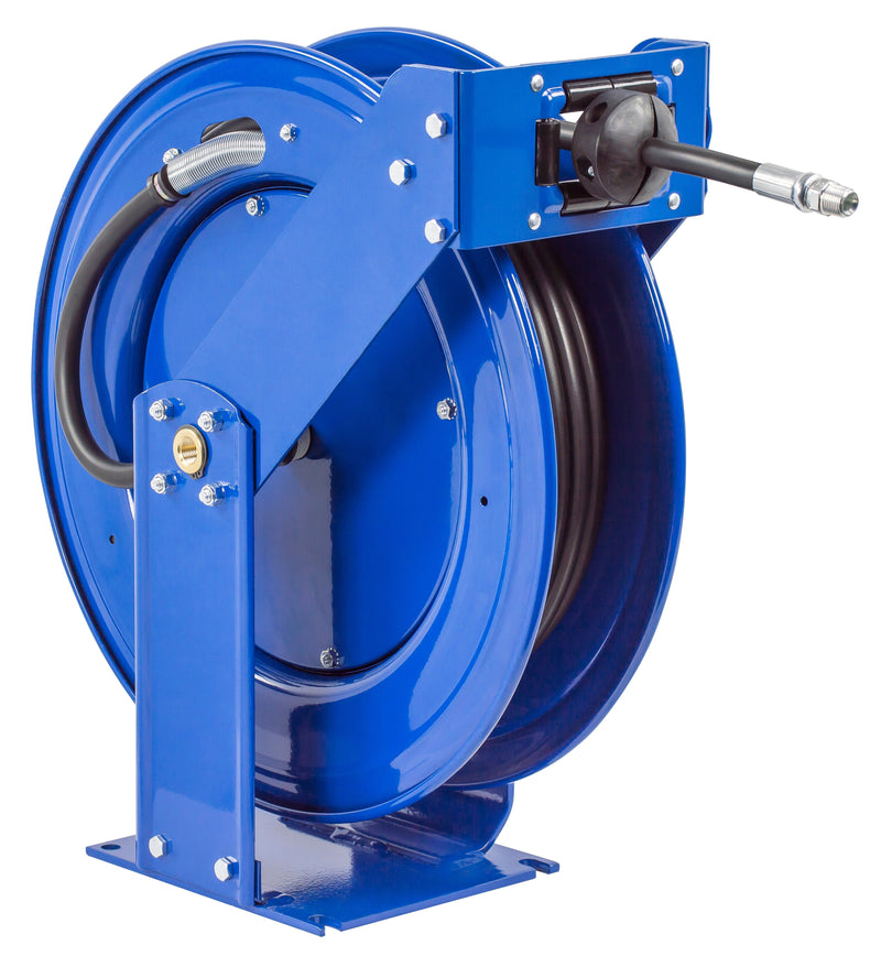 TMP-N-350 by Coxreels | T Series | 3,000 PSI Spring Driven Hose Reel for Air, Water & Oil | 3/8" Hose ID, 3/8" FNPT Inlet x 3/8" MNPT Hose End | Steel | 50ft Rubber Hose Included