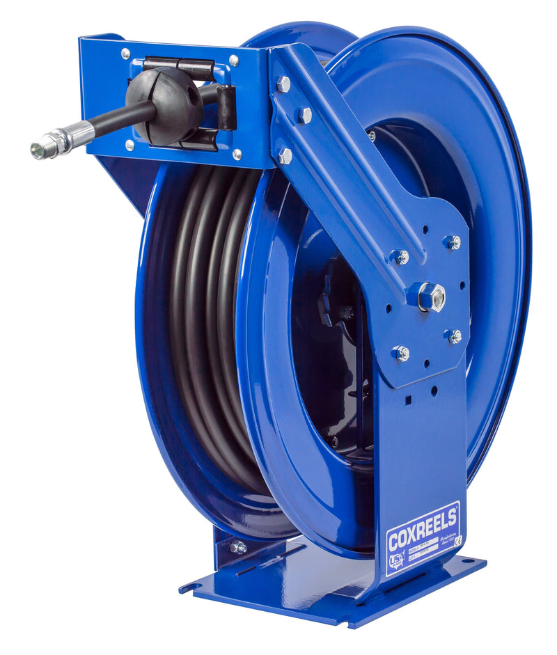 TMP-N-4100 by Coxreels | T Series | 2,500 PSI Spring Driven Hose Reel for Air, Water & Oil | 1/2" Hose ID, 1/2" FNPT Inlet x 1/2" MNPT Hose End | Steel | 100ft Rubber Hose Included