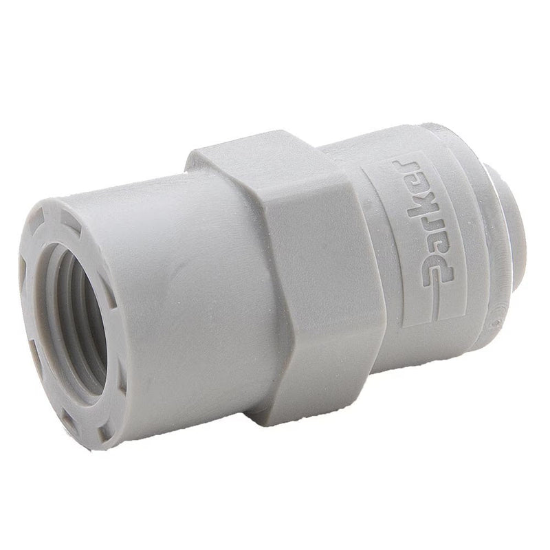 A4FA7-MG by Parker | TrueSeal™ Threaded Fittings | 1/4" Faucet Adapter x 7/16-24" UNS-2B Thread | 1.32" Length | Straight | Gray | Acetal