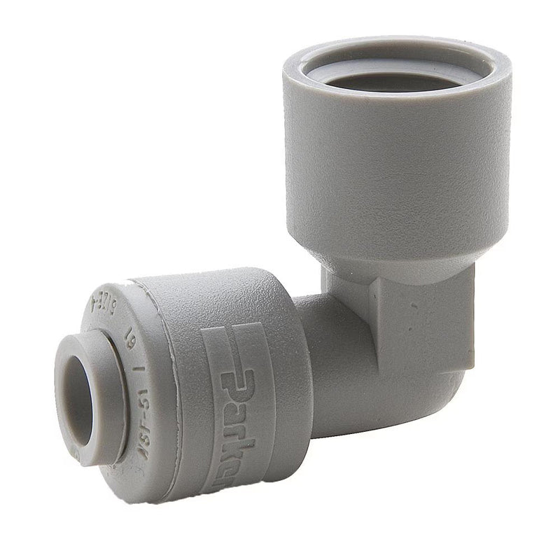 A4FE4-MG by Parker | TrueSeal™ Threaded Fittings | 1/4" Push-to-Connect x 1/4" Female NPT Thread | 90° Elbow | Gray | Acetal