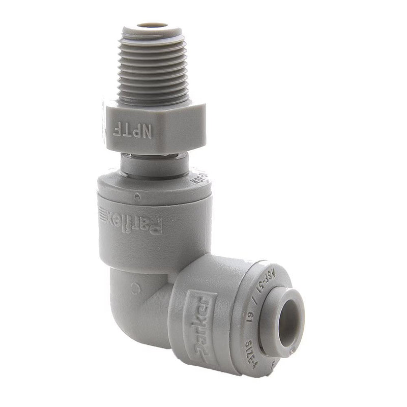 A4MES6-MG by Parker | TrueSeal™ Threaded Fittings | 1/4" Swivel Tube OD x 3/8" Male NPTF Thread | 90° Elbow | Gray | Acetal