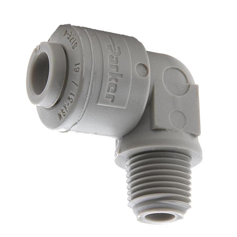 A4ME6-MG by Parker | TrueSeal™ Threaded Fittings | 1/4" Push-to-Connect x 3/8" Male NPTF Thread | 90° Elbow | Gray | Acetal
