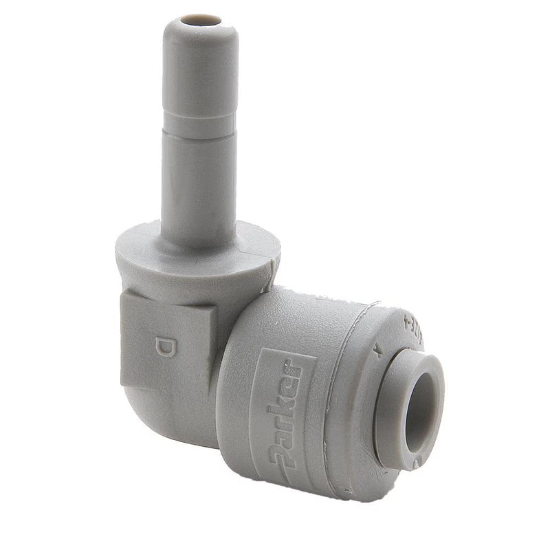 A6TEU4-MG by Parker | TrueSeal™ Tube to Tube Union Fitting | 3/8" Push-to-Connect x 1/4" Tube Stem | 90° Elbow | Gray | Acetal