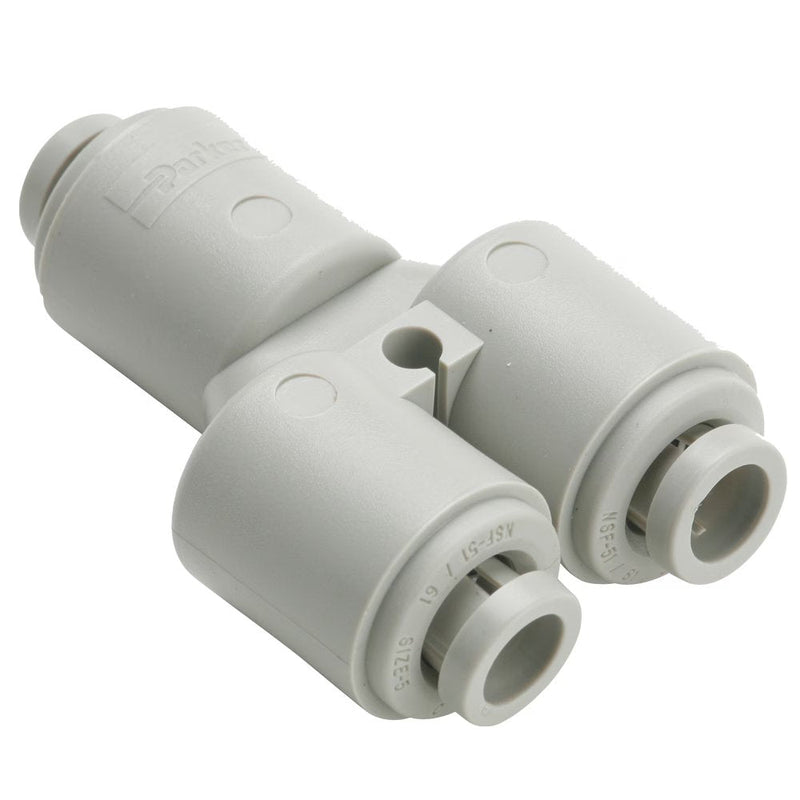 A6WY5-MG by Parker | TrueSeal™ Tube to Tube Union Fitting | 3/8" Inlet Push-to-Connect x 5/16" Outlet Push-to-Connect | 2.200" Length | 1.75" Width | Y | Gray | Acetal