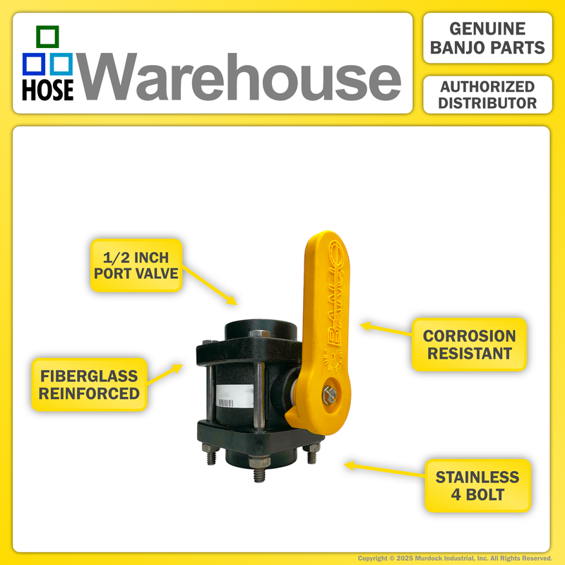 V050 by Banjo | Full Port 4 Bolt Ball Valve | 1/2" Female NPT x 1/2" Female NPT | Opening Thru Ball: 3/4" | 300 PSI | Polypropylene