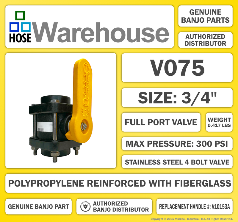 V075 by Banjo | 4 Bolt Ball Valve | Full Port | 3/4" Female NPT x 3/4" Female NPT | Opening Thru Ball: 3/4" | 300 PSI | Polypropylene