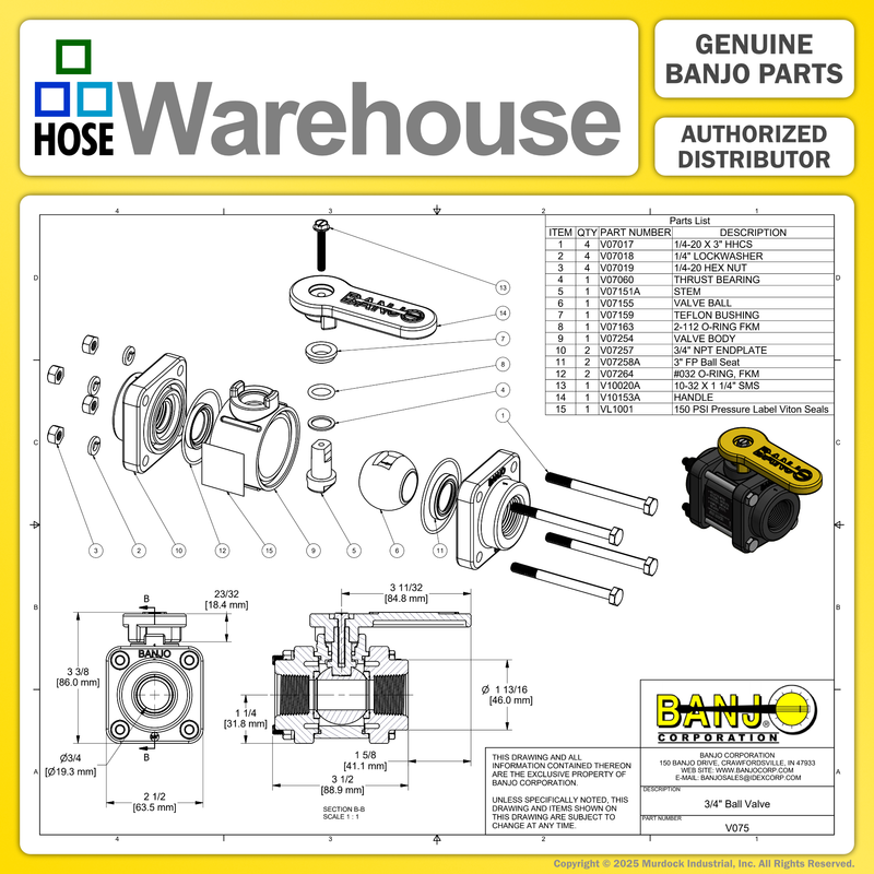 V075 by Banjo | 4 Bolt Ball Valve | Full Port | 3/4" Female NPT x 3/4" Female NPT | Opening Thru Ball: 3/4" | 300 PSI | Polypropylene