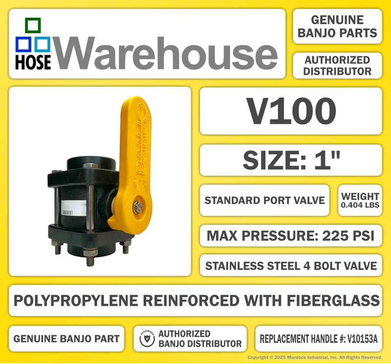 V100 by Banjo | 4 Bolt Ball Valve | Standard Port | 1" Female NPT x 1" Female NPT | Opening Thru Ball: 3/4" | 300 PSI | Polypropylene