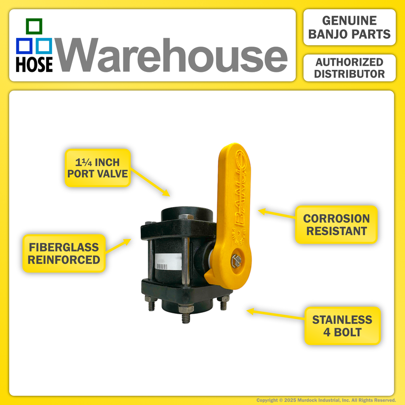 V125 by Banjo | 4 Bolt Ball Valve | Standard Port | 1-1/4" Female NPT x 1-1/4" Female NPT | Opening Thru Ball: 1" | 300 PSI | Polypropylene